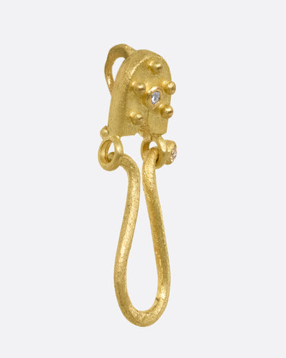 Yellow gold diamond charm holder pendant, side view of the hook and clasp