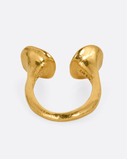 Yellow gold aquamarine open ring, back view of the hand-textured band and the backs of the discs