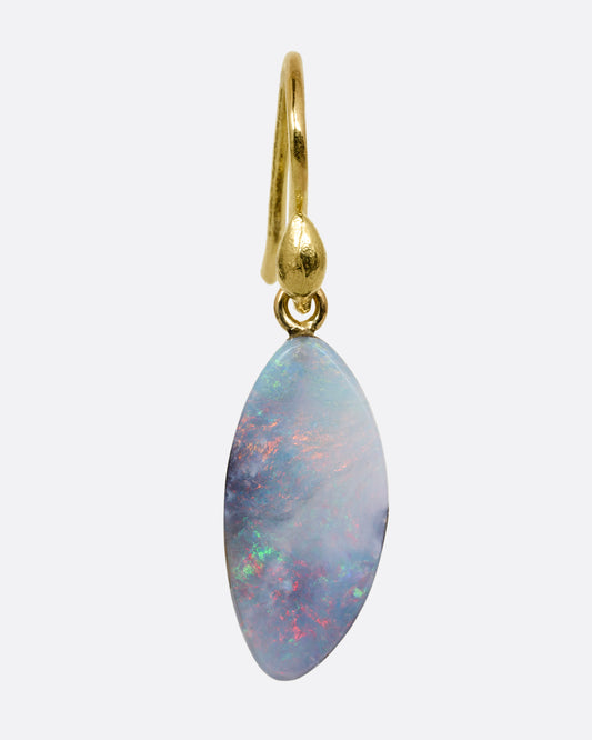 A single wing shaped opal with a yellow gold ear hook. Shown from the front.
