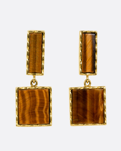 Vintage yellow gold tiger's eye drop earrings, the pair from the front showing the striped golden brown stones