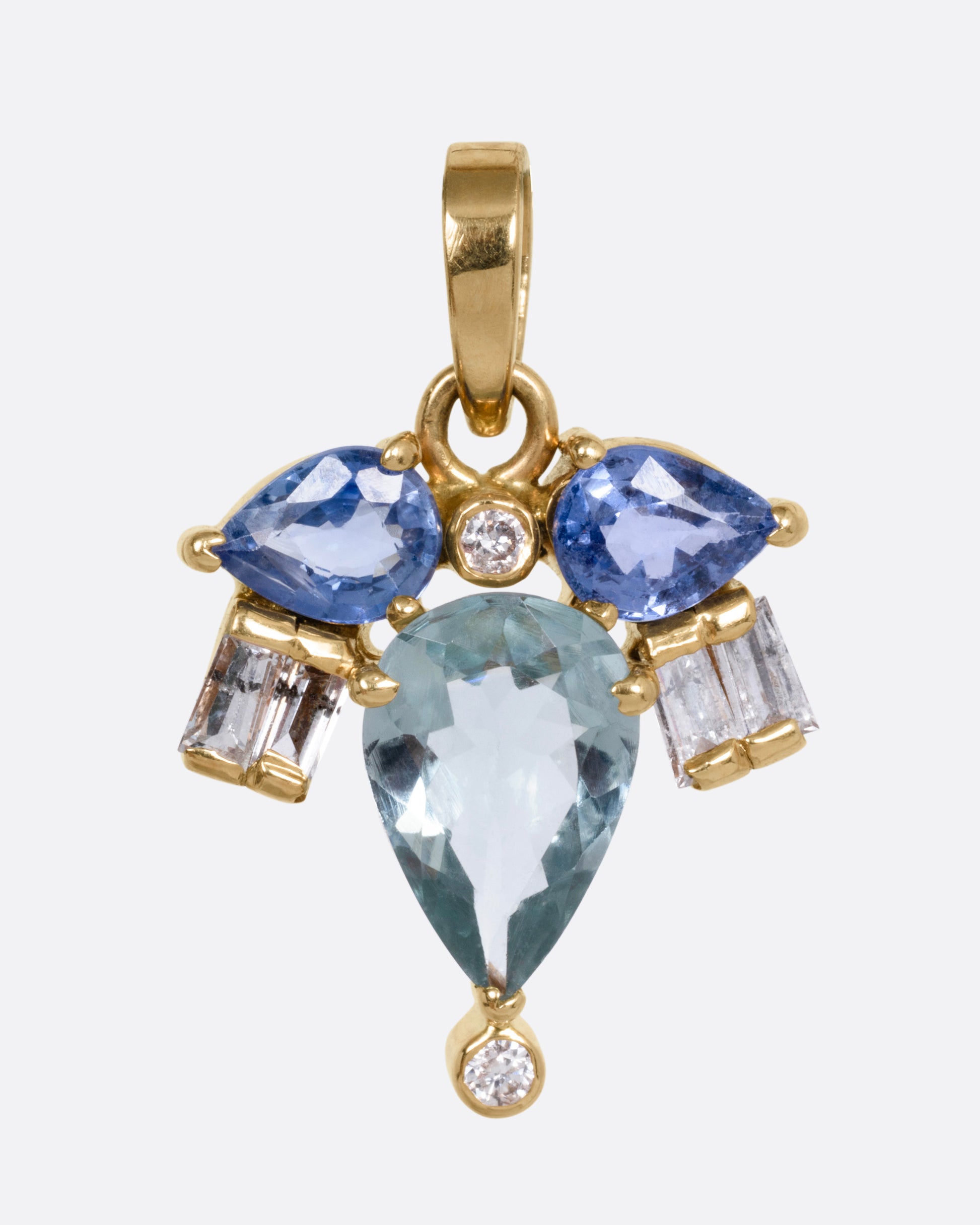 A yellow gold sapphire and diamond pendant in the shape of a firefly, shown from the front.