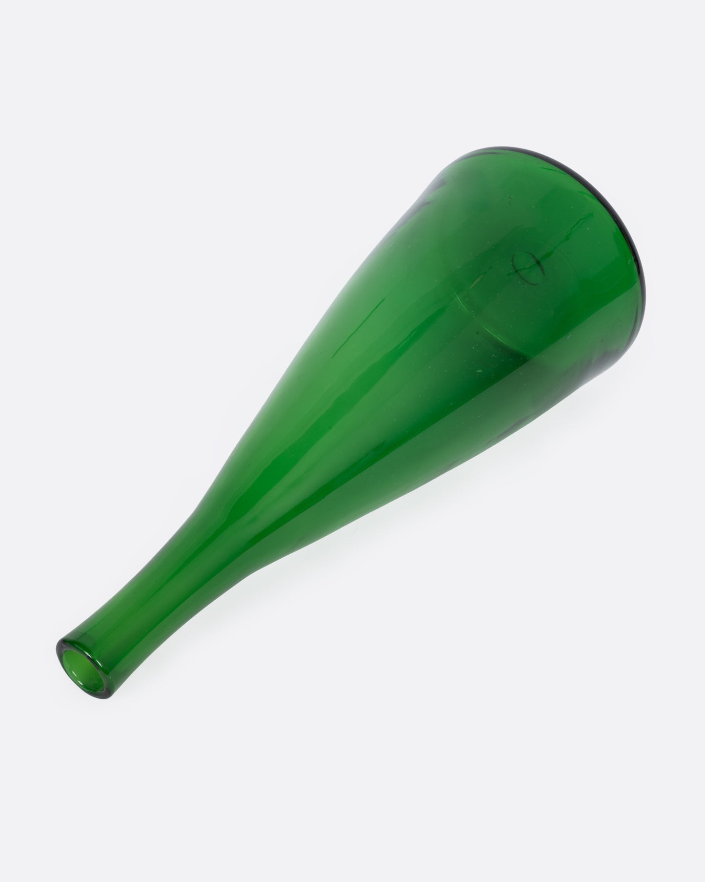 A tall tapered green glass vase, shown from the side.