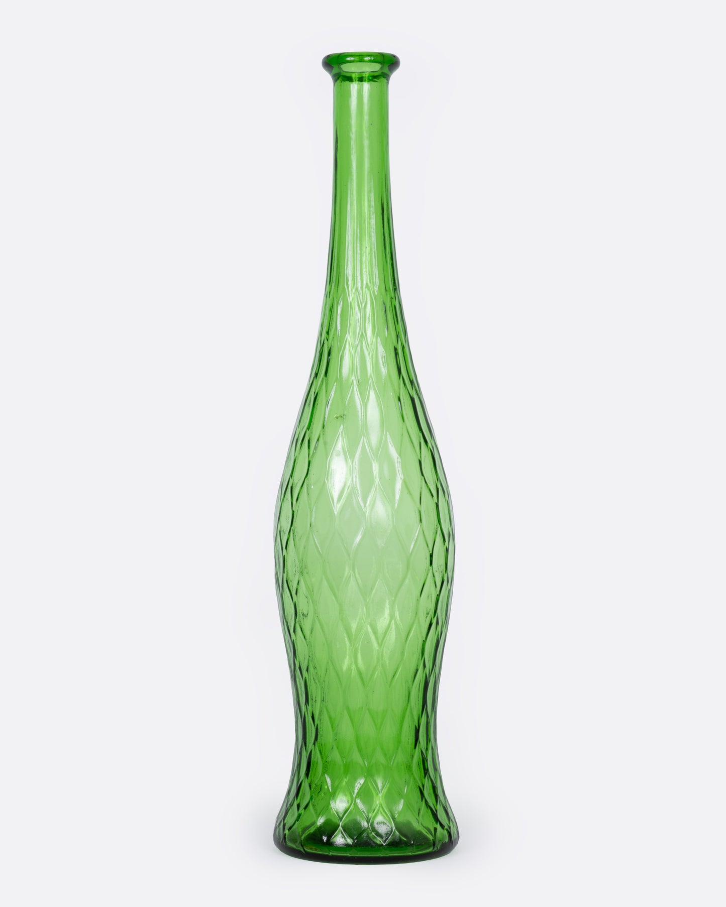 A green bottle vase with an hourglass silhouette and diamond surface pattern, shown from the front.