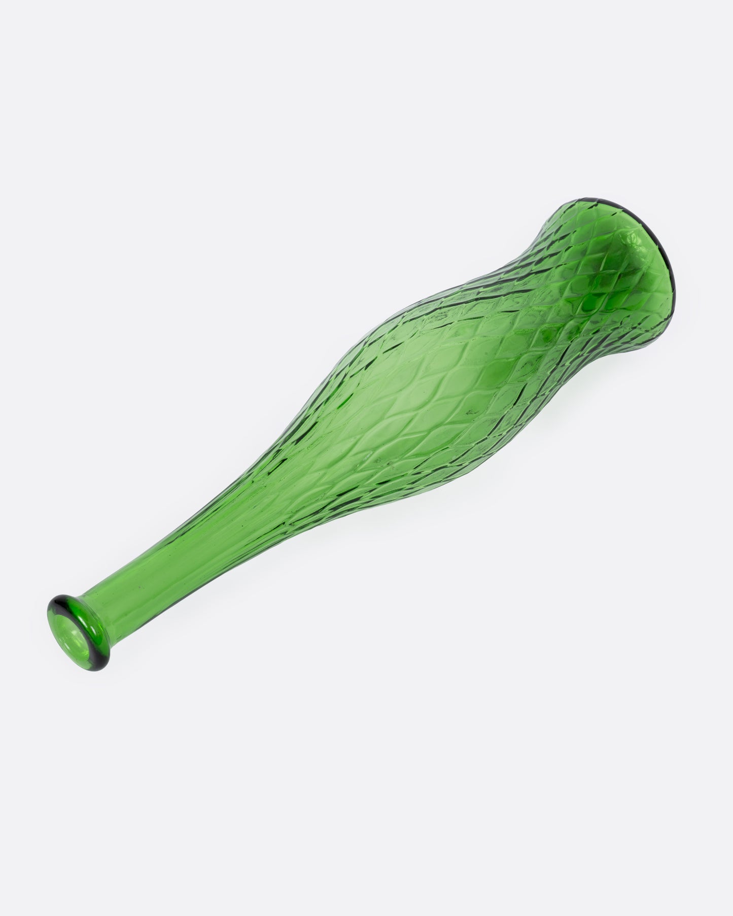 A green bottle vase with an hourglass silhouette and diamond surface pattern, shown from the side.
