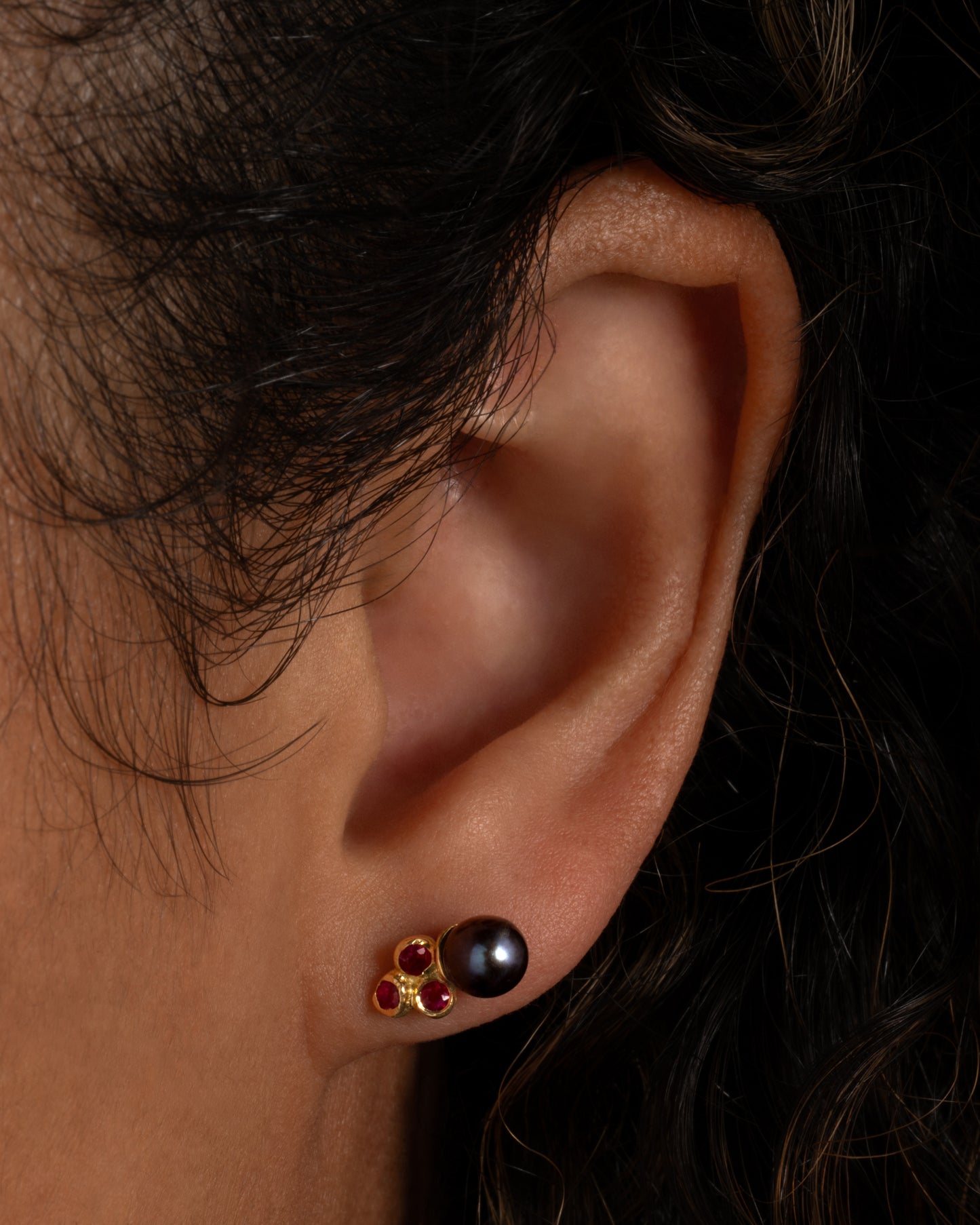 Black Pearl and Ruby Constellation Stud Earrings