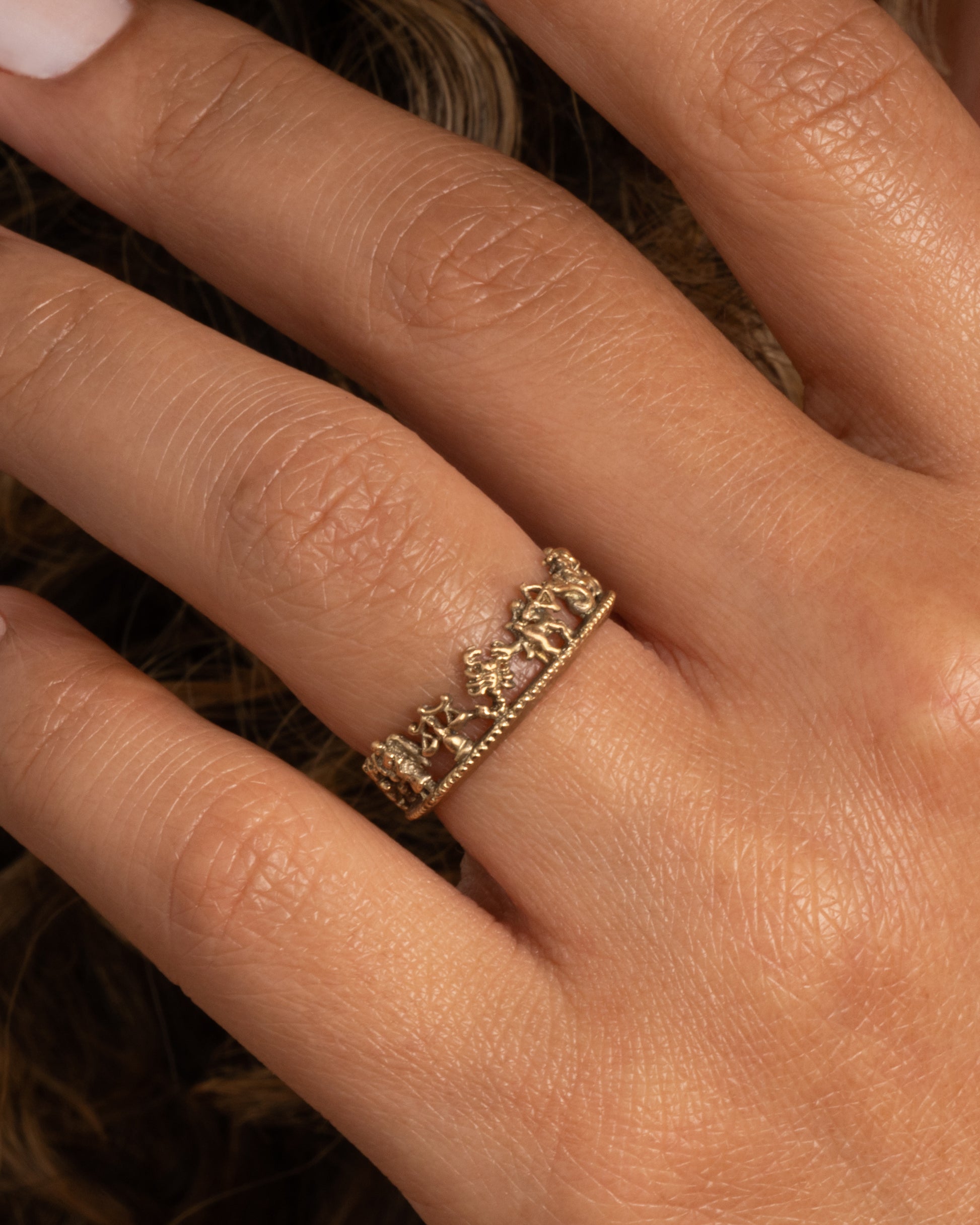 A yellow gold ring with every zodiac character around the entire band. Shown worn on a finger.