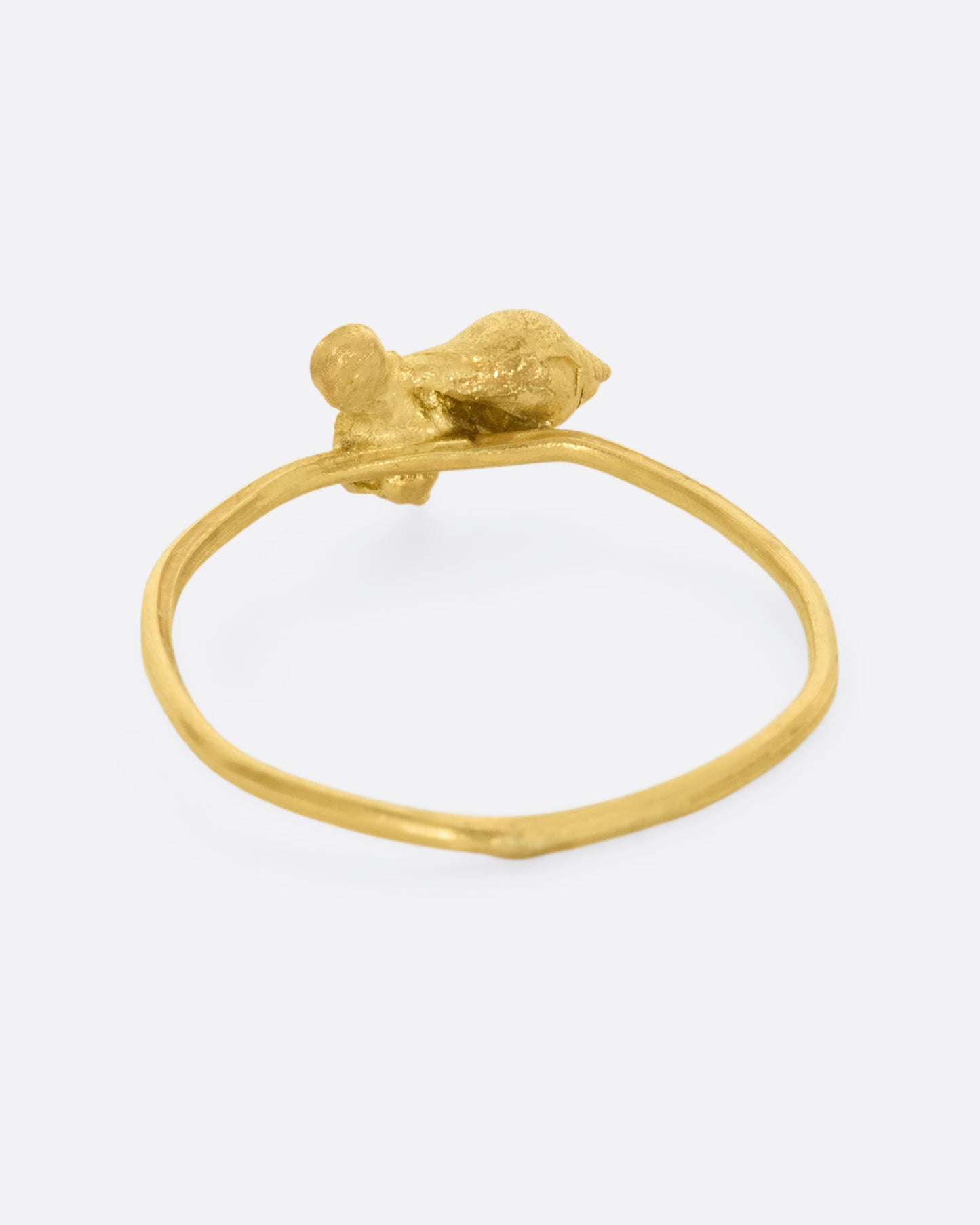 A ring with a cluster of two seashells and a diamond on a dainty band. View from the back.