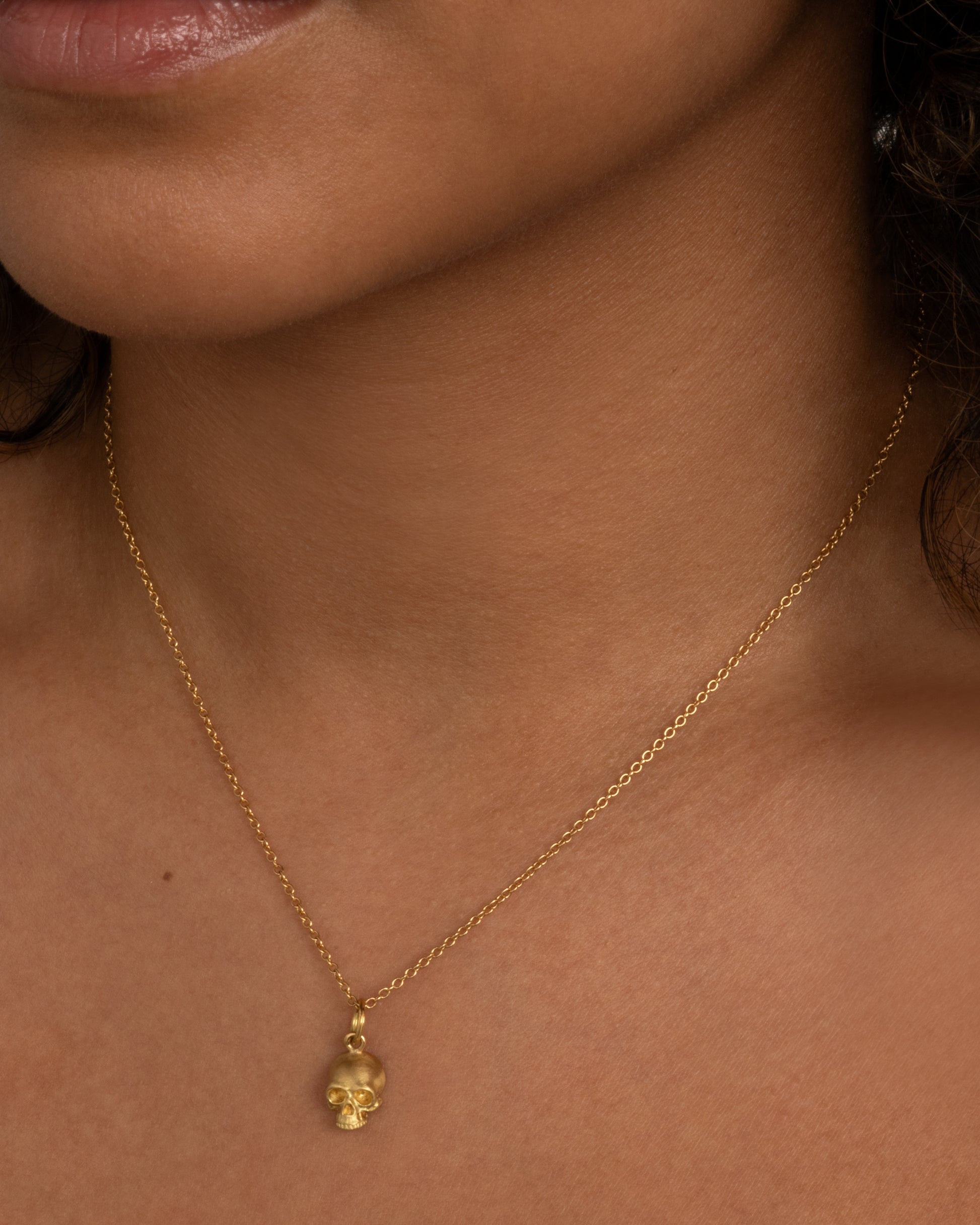 A cable chain necklace with a skull pendant based on the anatomical illustrations of Leonardo Da Vinci. Shown worn around the neck.