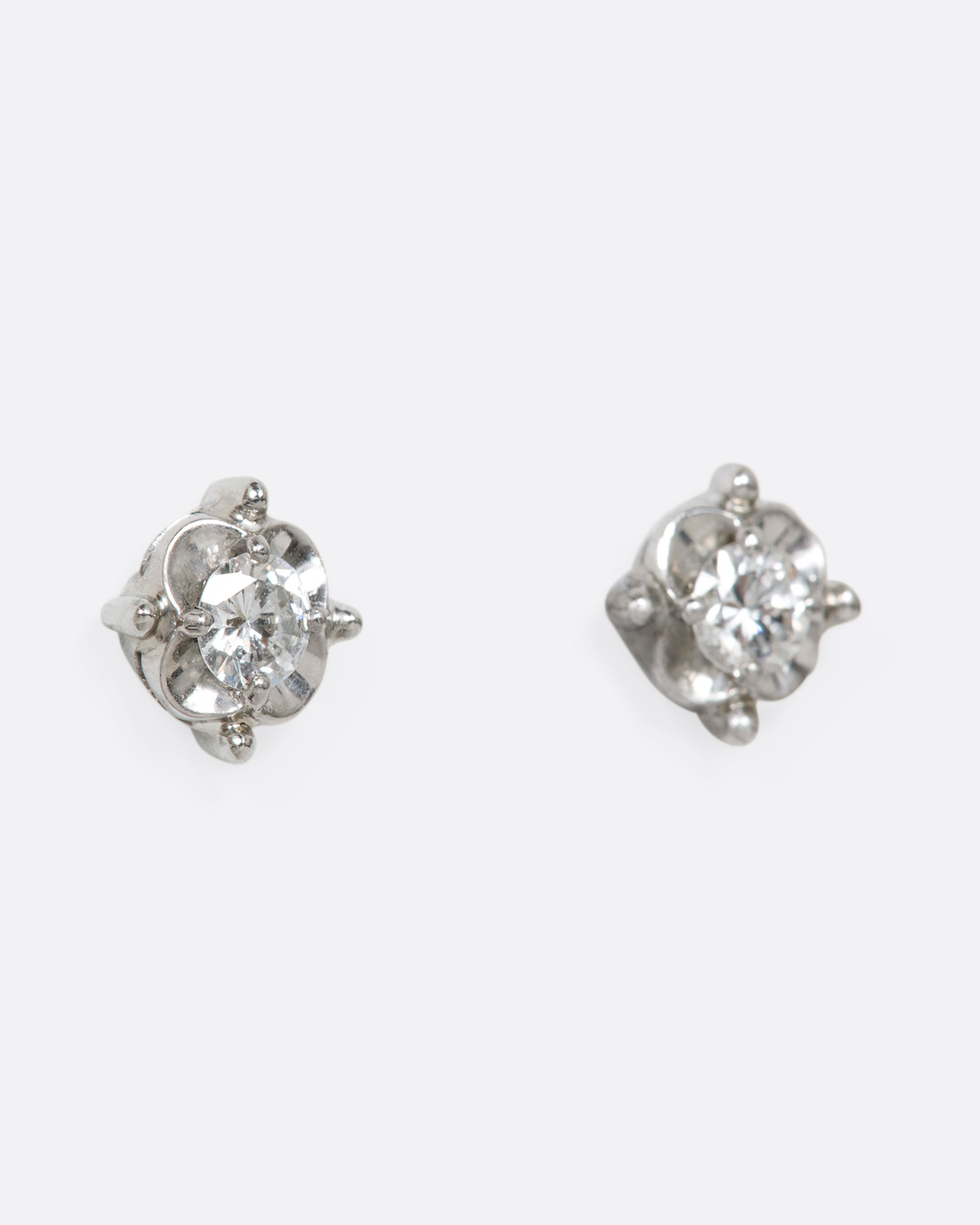 White gold solitaire studs in a floral setting. View from the side.