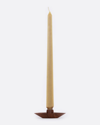 Itza Wood mahogany taper candle holder plate, a round wooden dish with a center cup holding a taper candle