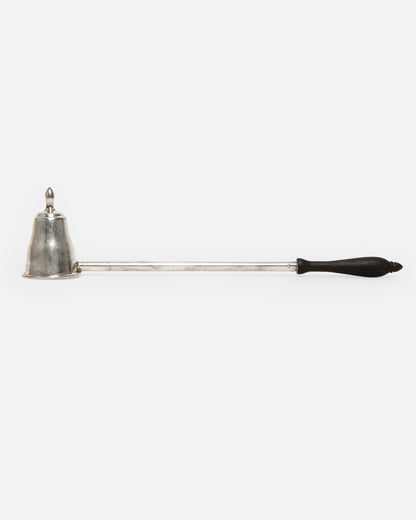 Vintage candle snuffer in sterling silver, a small bell-shaped cup on a long silver stem with a black handle
