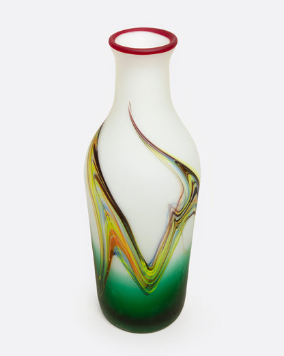 Vintage white and green swirl glass vase, view showing the red lip