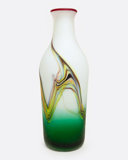 Vintage white and green swirl glass vase, angled view of the swirls