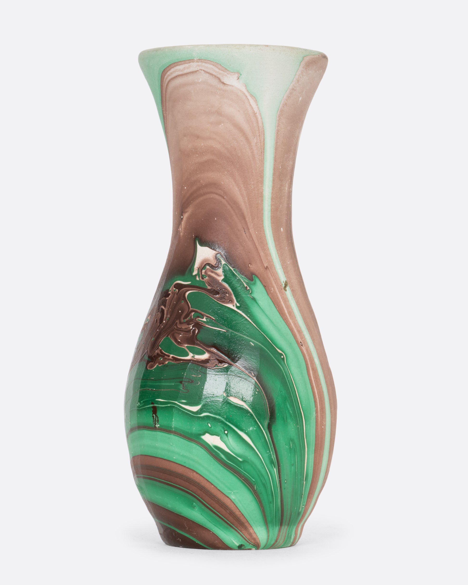 A green and brown swirled vase. Shown from the front.