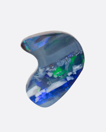 A heart-shaped boulder Australian opal stud earring, shown from the front.