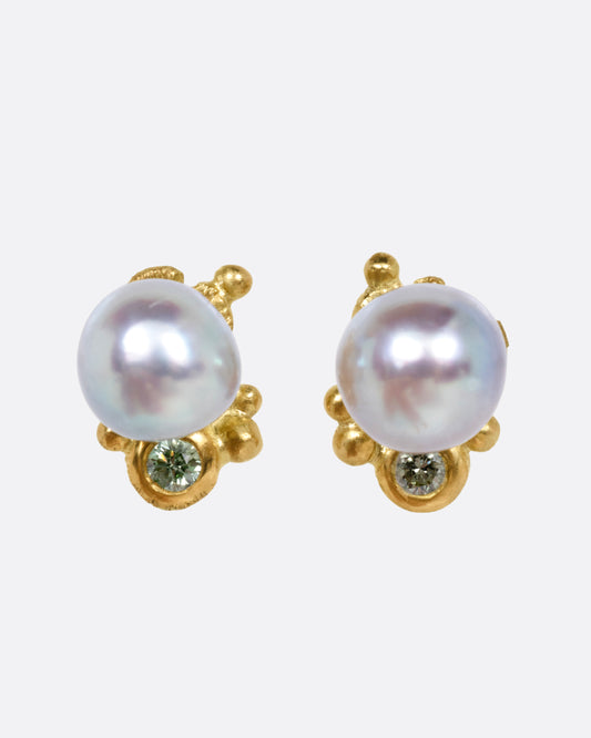 Akoya Pearl and Green Diamond Stud Earrings