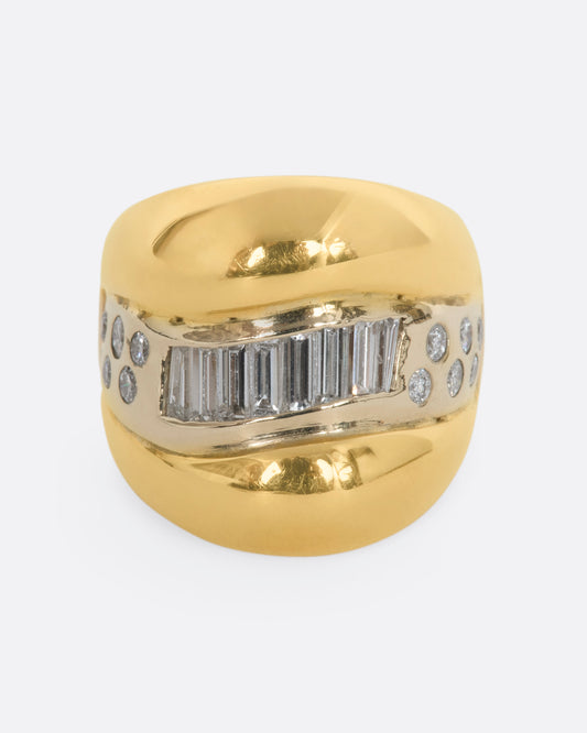 Yellow gold wide band bubble ring with baguette and round diamonds. View from the front. 