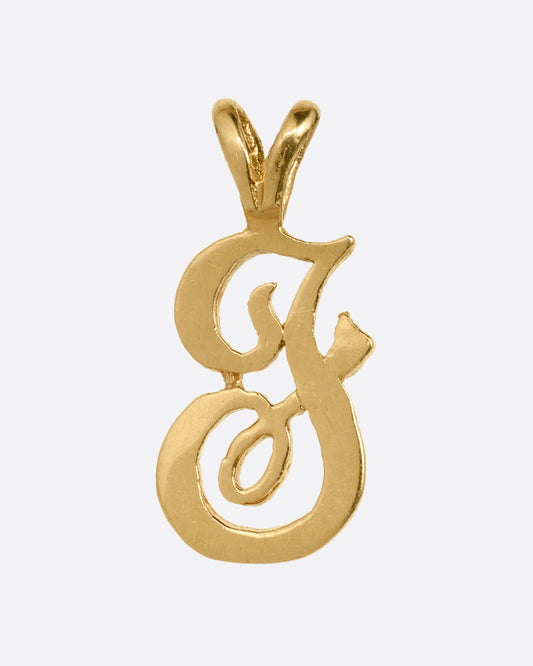 A yellow gold cursive 'F' charm with a double bill. Shown from the front.