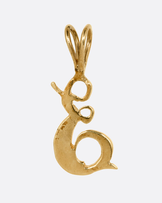 A yellow gold letter 'E' pendant with a double bail. Shown from the front.