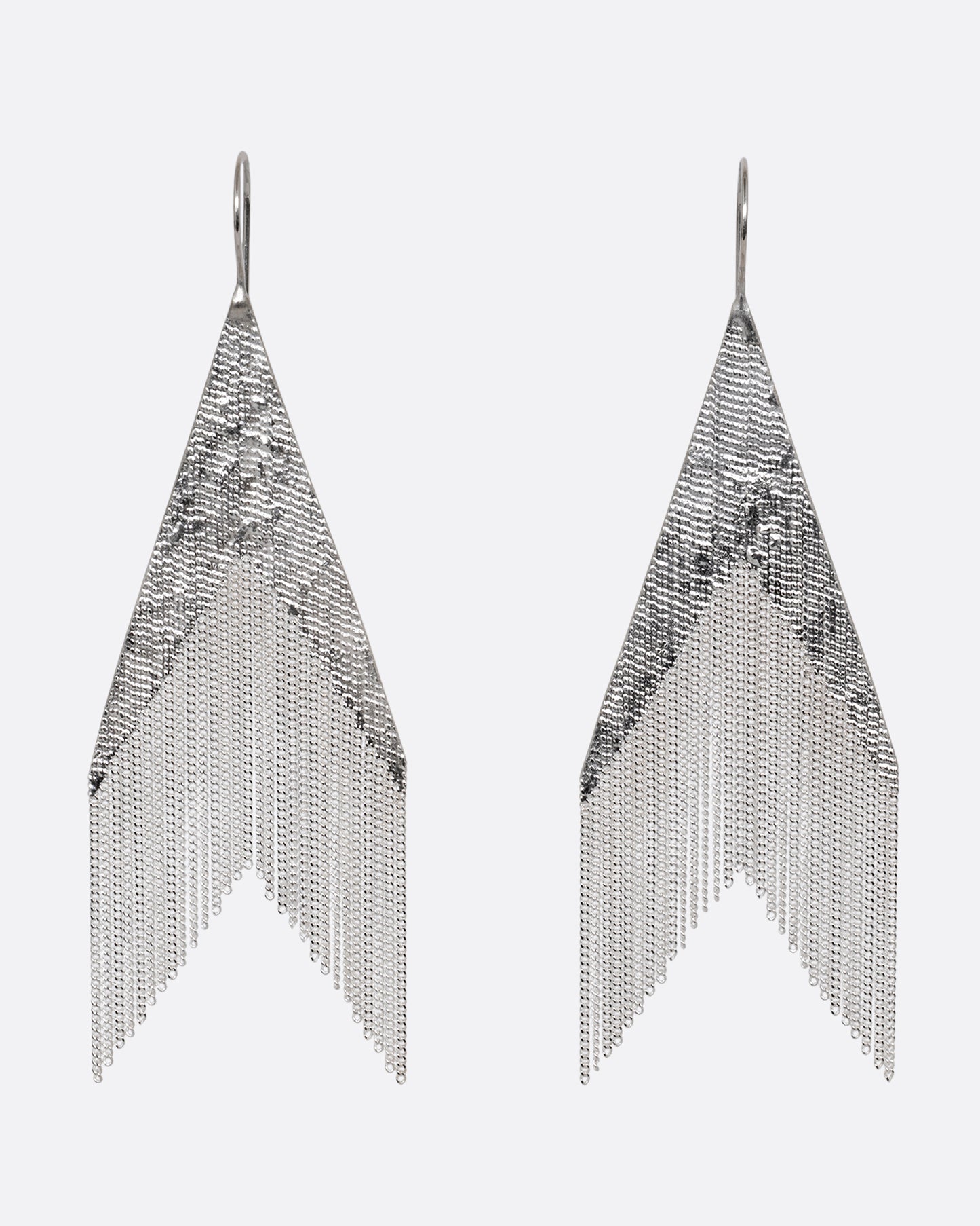 A pair of arrow shaped silver dangle earrings with cable chain fringe. Shown from the front.