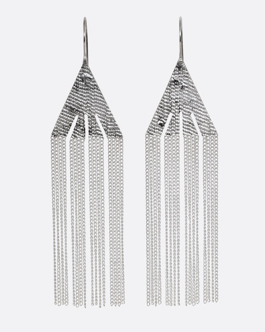 A pair of silver fringe earrings with triangular tops. Shown from the front.