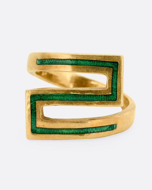 A yellow gold Greek Key ring with a zigzag pattern in green enamel, shown from the front.