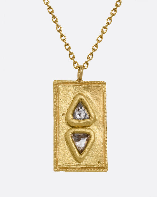 A cable chain necklace with two triangle shaped salt and pepper diamonds in a rectangle pendant. Shown from the front.