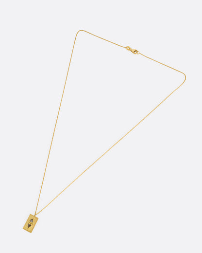 A cable chain necklace with two triangle shaped salt and pepper diamonds in a rectangle pendant. Shown from the front.