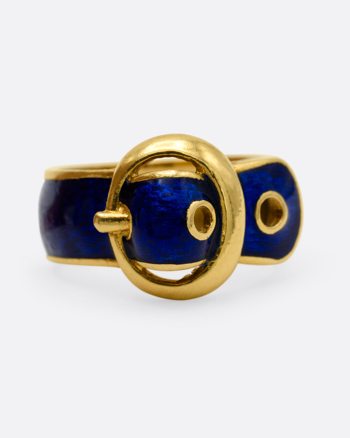 A yellow gold belt buckle ring with blue enamel, shown from the front.