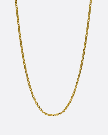 A yellow gold square link necklace, shown from the front.
