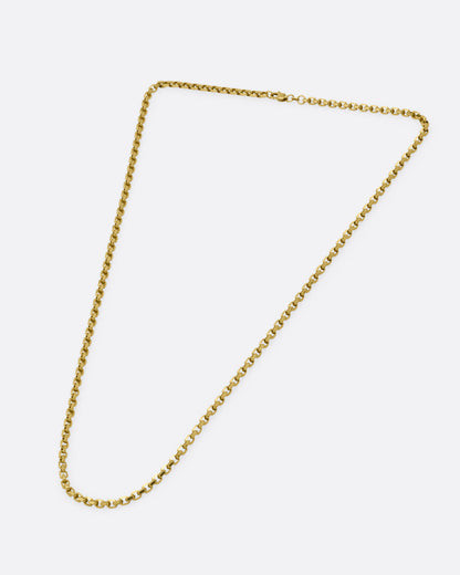 A yellow gold square link necklace, shown from the front.