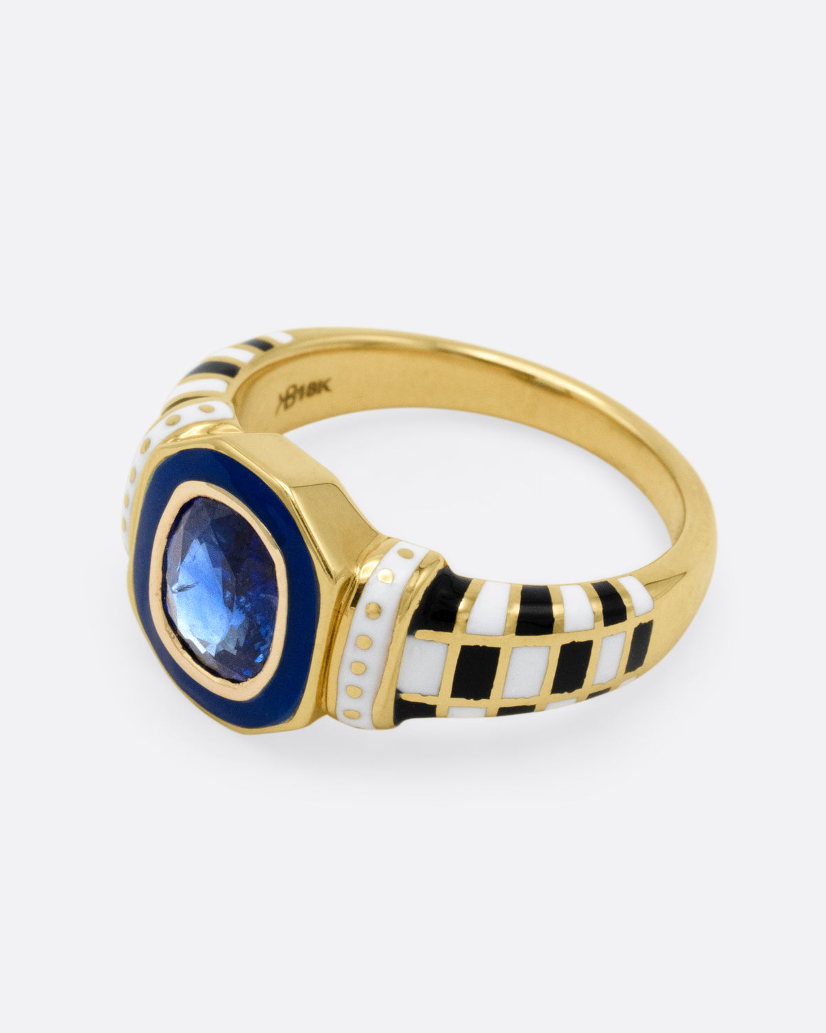 Sapphire and Enamel Checkered Signet Ring