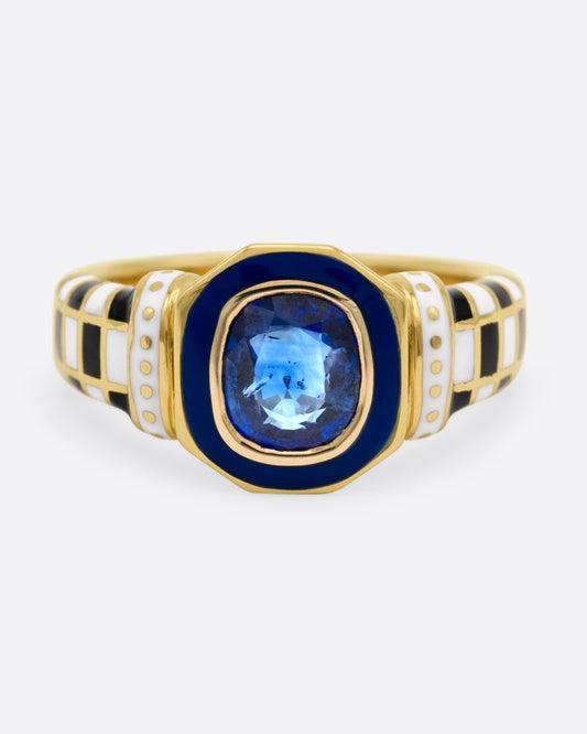 Sapphire and Enamel Checkered Signet Ring