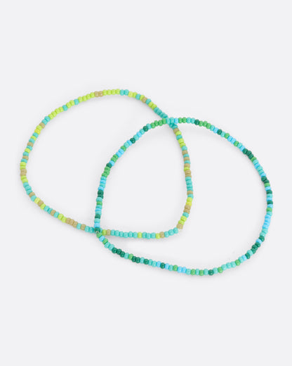 Blue and green seed bead bracelet, shown with a matching bracelet