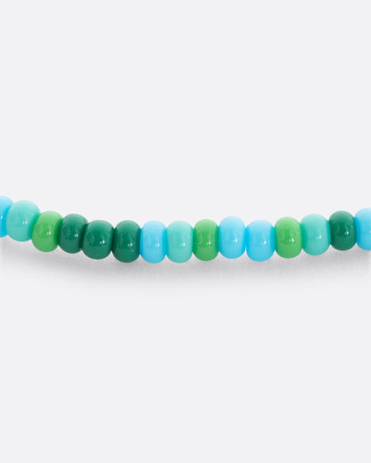 Blue and green seed bead bracelet, close view of the beads