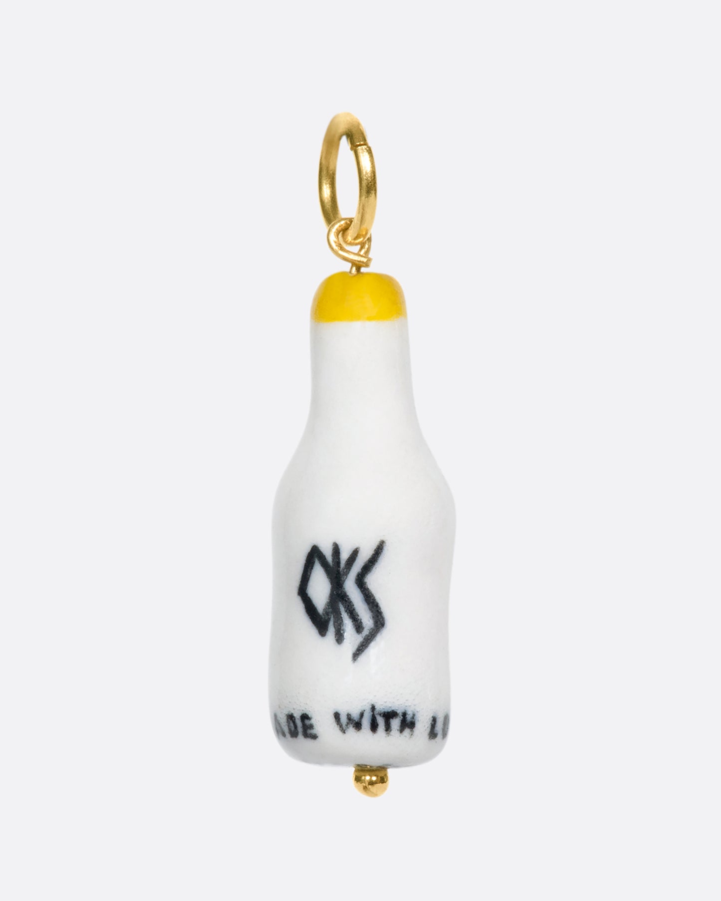 A handmade and painted porcelain Tito's Vodka charm with a 14k gold bail.