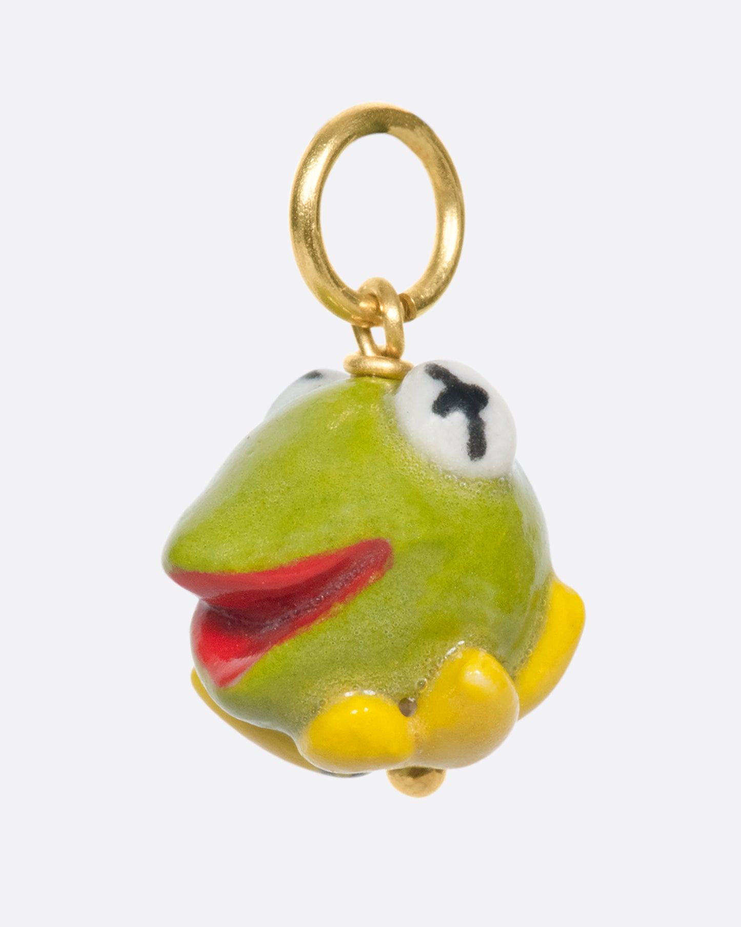 A handmade and painted porcelain Kermit the Frog charm with a gold bail.