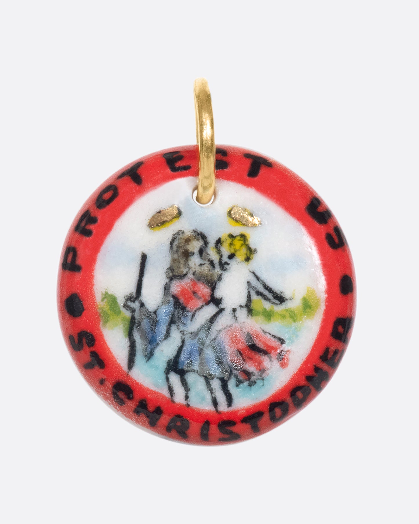 A two-sided porcelain St. Christopher charm with a 14k gold bail.
