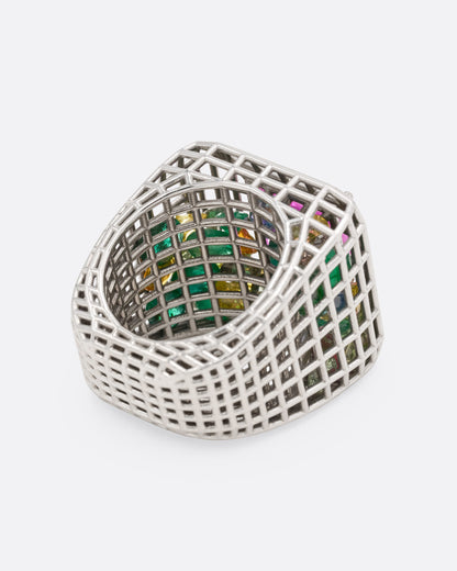 White gold and pink sapphire cage ring, back view of the white gold openwork band