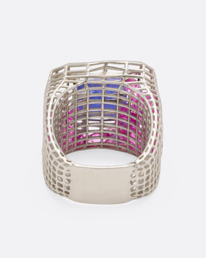 Sterling silver and blue quartz cage ring, inside view through the band showing the pink stones caught in the cage