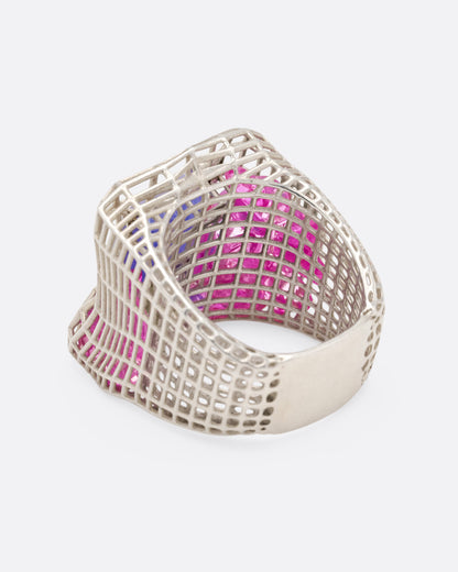 Sterling silver and blue quartz cage ring, back view of the sterling silver openwork band