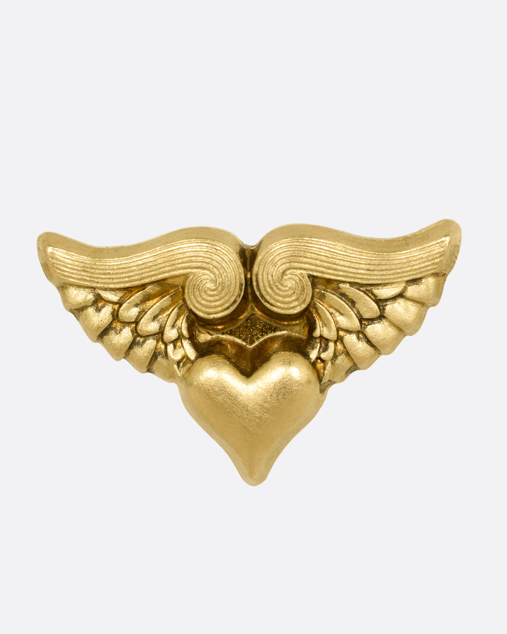 A yellow gold stud earring with a heart with wings. Shown from the front.