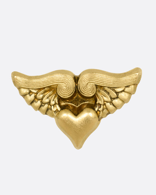 A yellow gold stud earring with a heart with wings. Shown from the front.