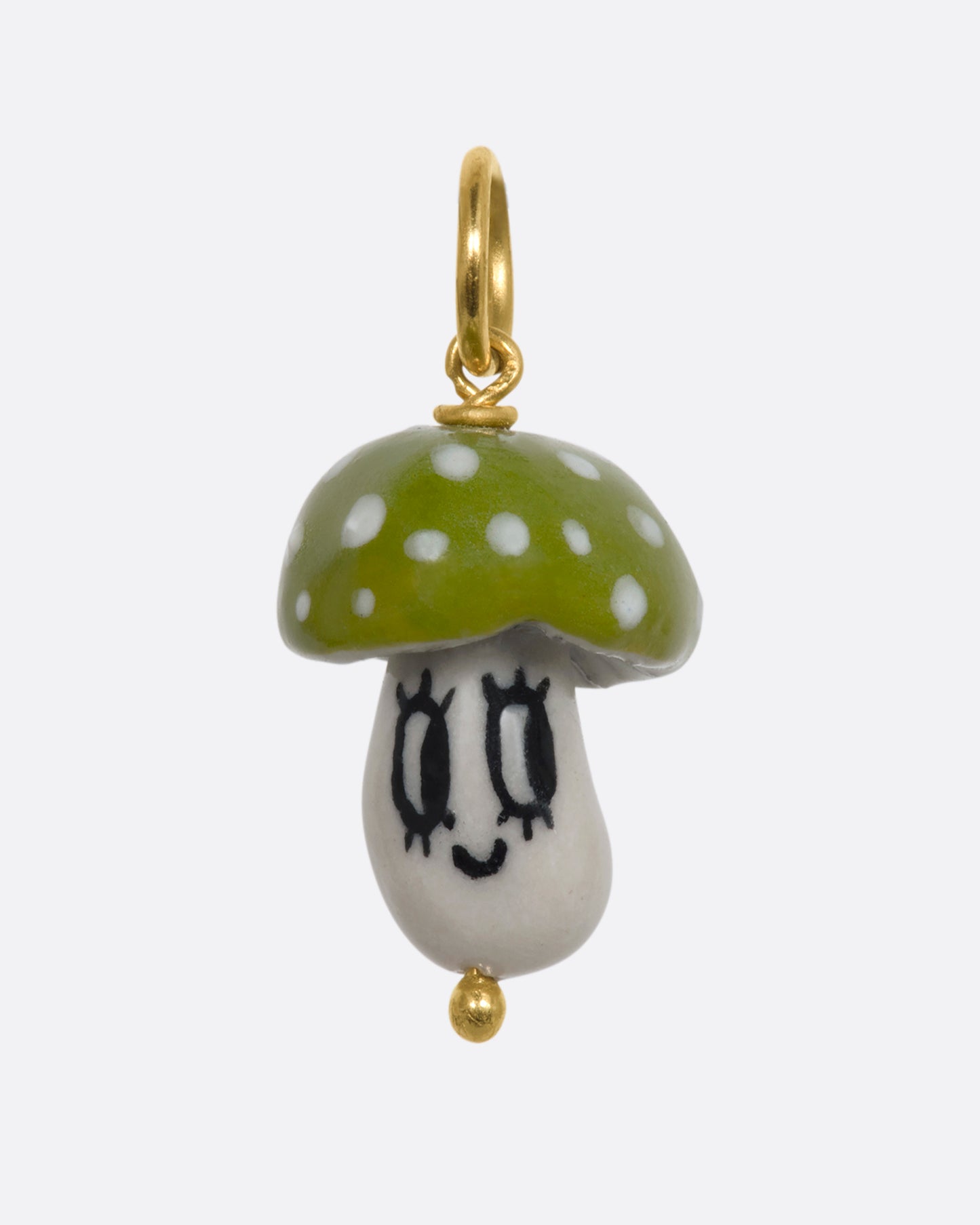 Green mushroom charm on a yellow gold bail. View from the front.