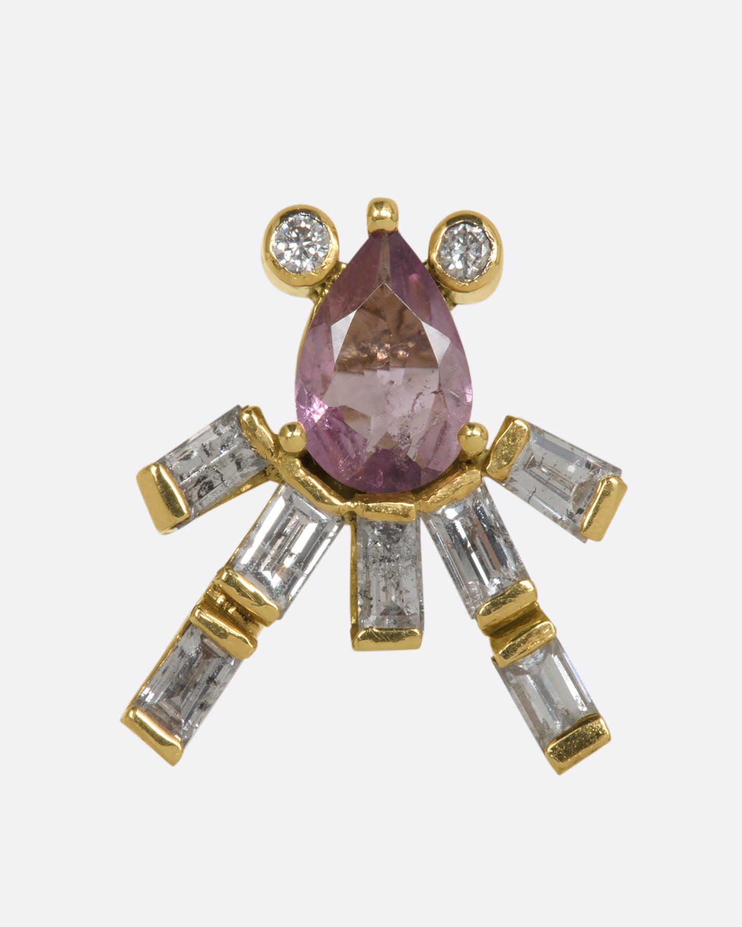 A yellow gold earring shaped like an abstract octopus made of pink sapphires and diamonds. Shown from the front.