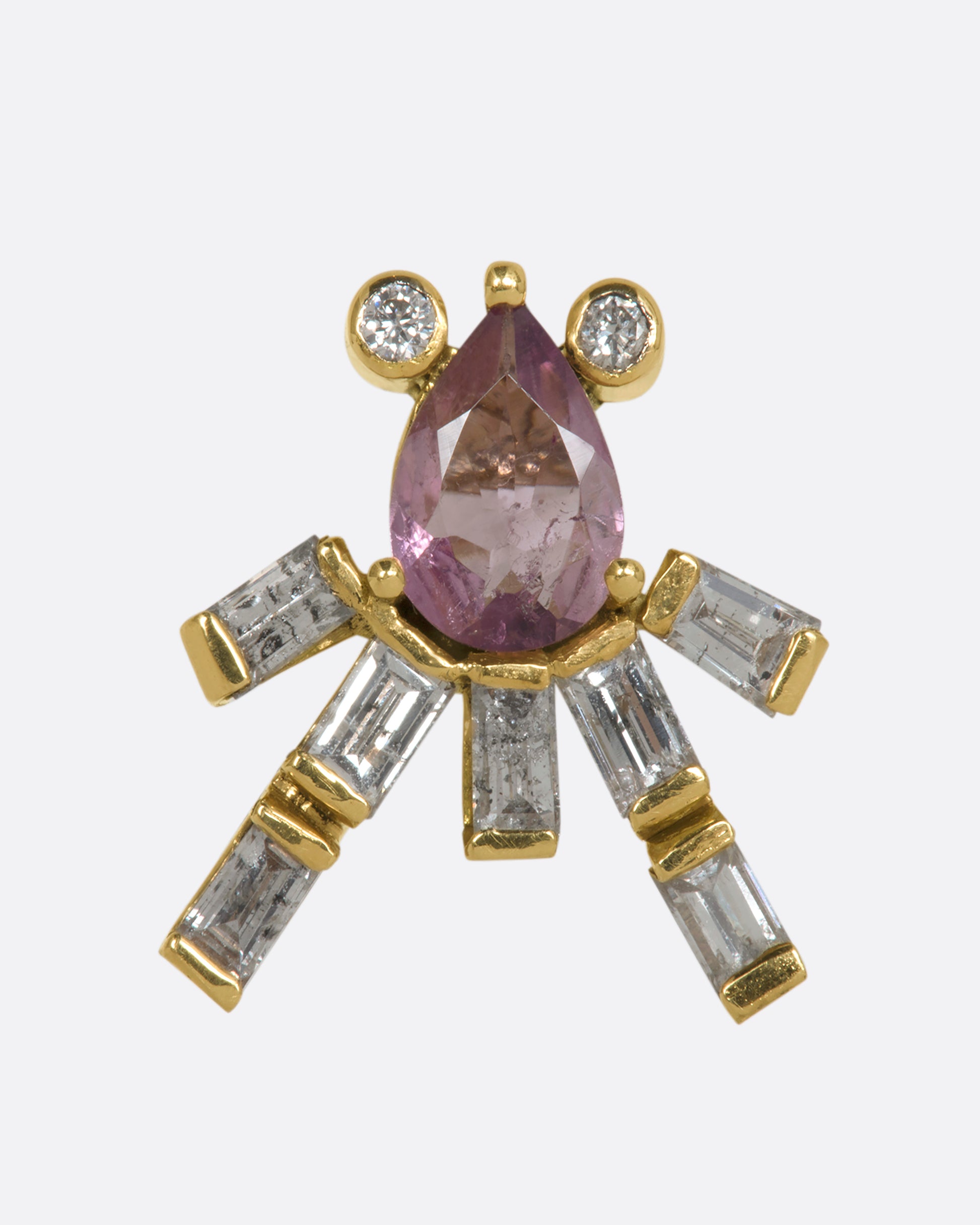 A yellow gold earring shaped like an abstract octopus made of pink sapphires and diamonds. Shown from the front.