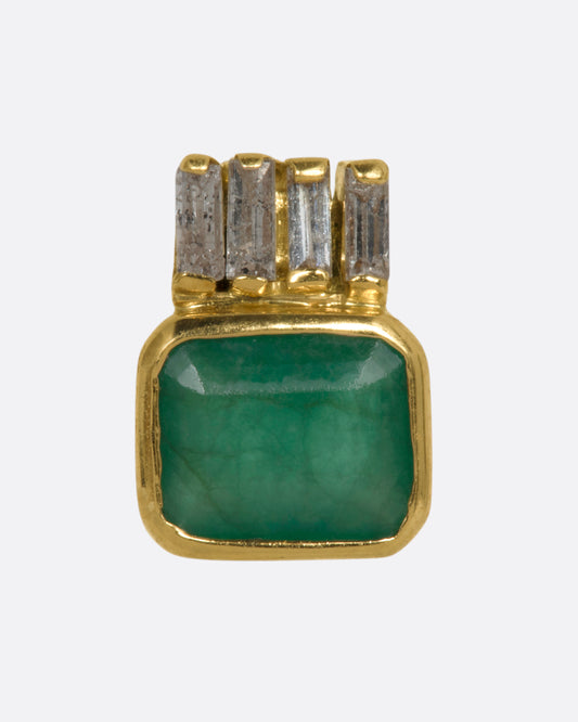 A yellow gold stud earring with a rectangular emerald and baguette diamond crown. Shown from the front.