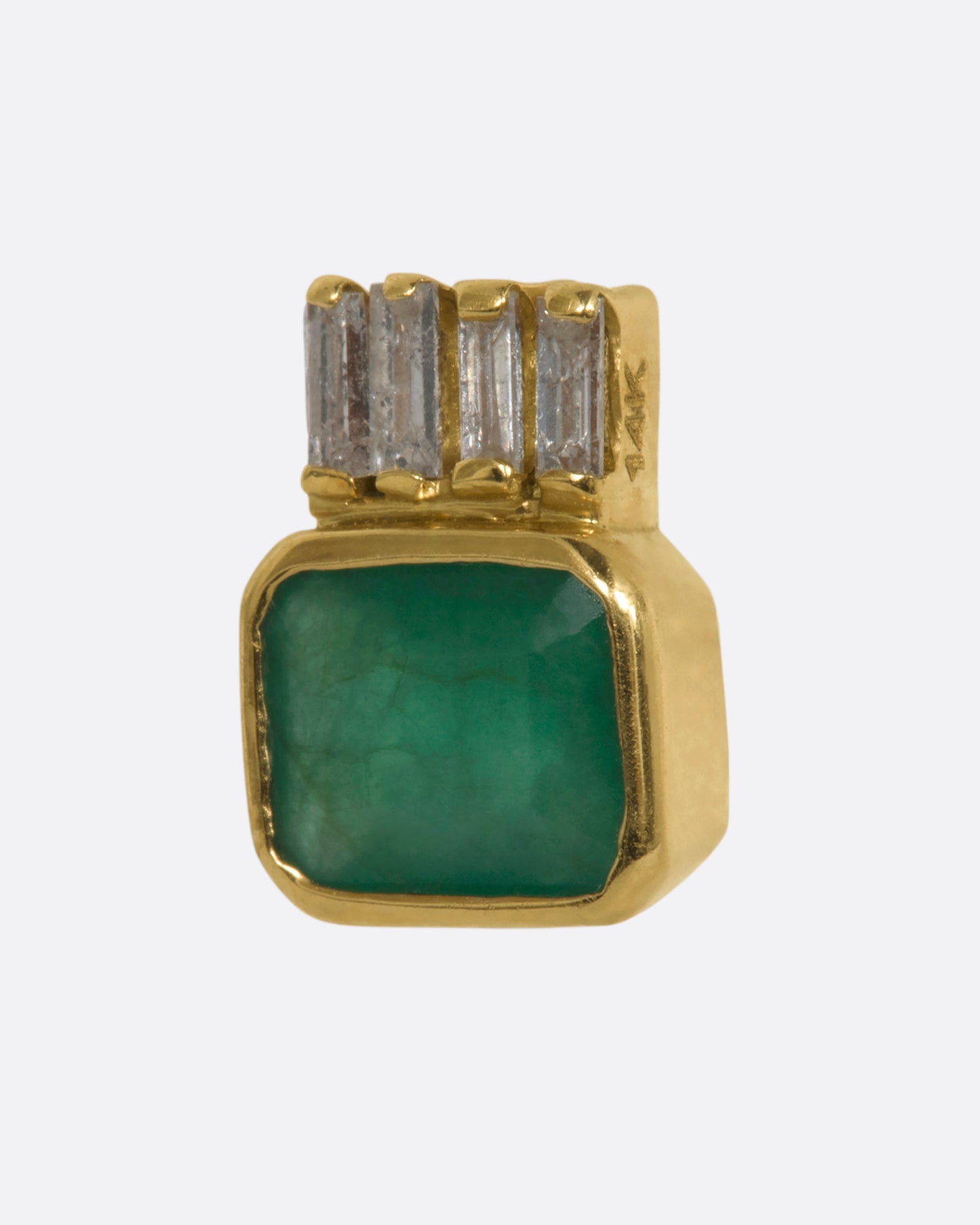 A yellow gold stud earring with a rectangular emerald and baguette diamond crown. Shown from the side.