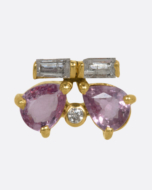 A yellow gold stud earring with a pink butterfly made of sapphires and diamonds. Shown from the front.