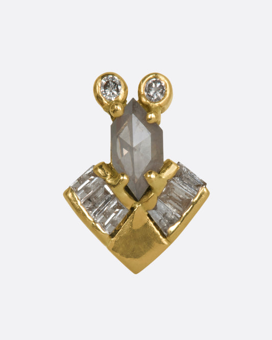 An abstract yellow gold stud earring with salt and pepper rose cut round and baguette diamonds. View from the front.